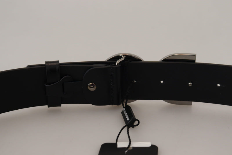 Black Leather Silver Logo Metal Buckle Belt