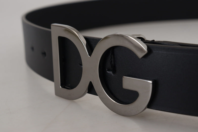 Black Leather Silver Logo Metal Buckle Belt