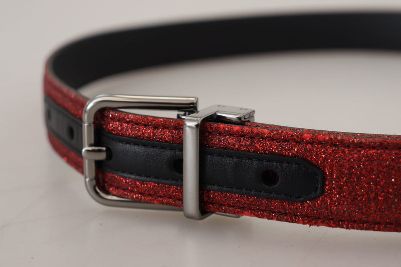 Red Glittered Leather Silver Metal Buckle Belt