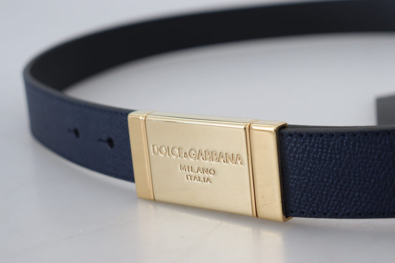 Blue Leather Gold Rectangle Buckle Men Belt