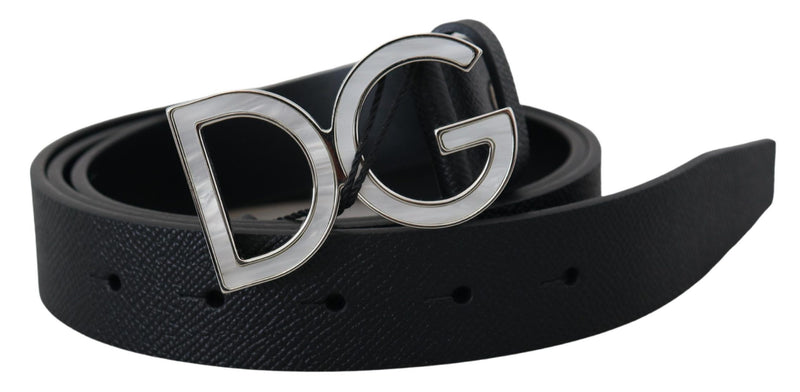 Black Leather Silver Tone DG Metal Buckle Belt