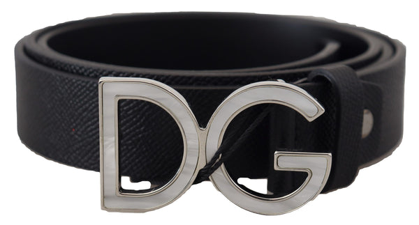 Black Leather Silver Tone DG Metal Buckle Belt