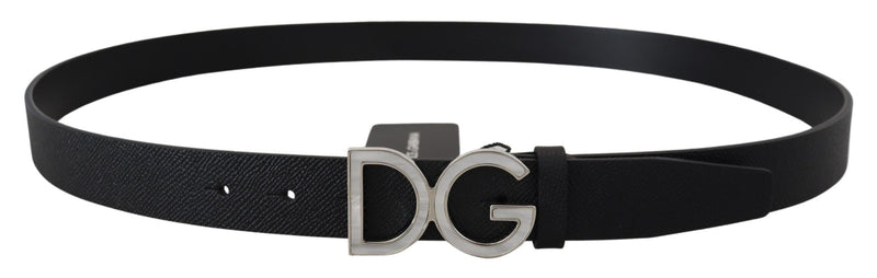 Black Leather Silver Tone DG Metal Buckle Belt