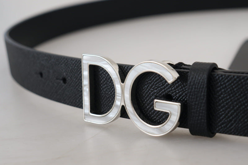 Black Leather Silver Tone DG Metal Buckle Belt