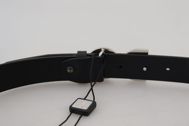 Black Leather Silver Tone DG Metal Buckle Belt