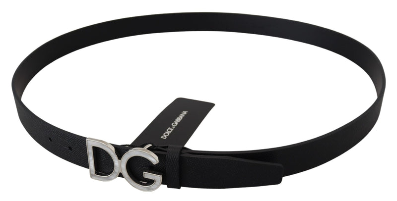 Black Leather Silver Tone DG Metal Buckle Belt