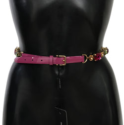 Pink Leather Crystal Gold Buckle Belt