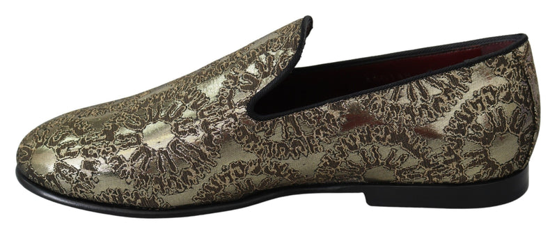 Gold Jacquard Flats Mens Loafers Shoes