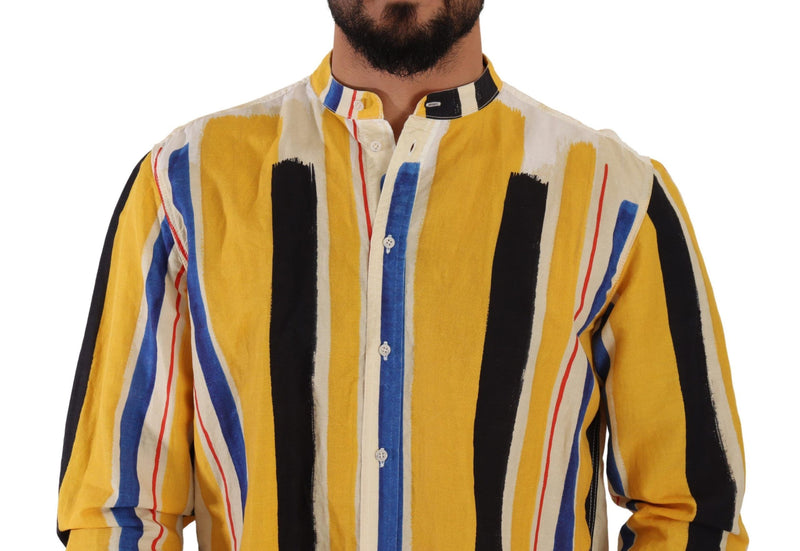 Yellow Striped Henley Linen Cotton Shirt