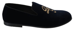 Blue Velvet Gold Logo Slipper Loafers Shoes