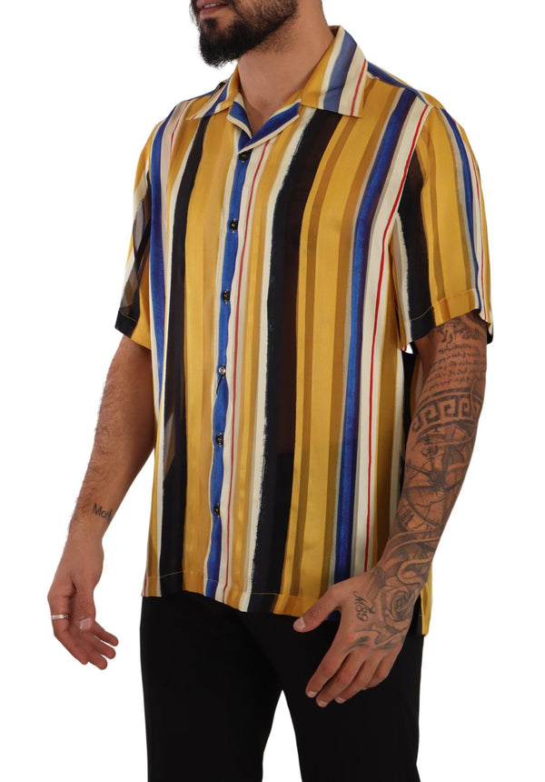 Yellow Striped Short Sleeve Silk Shirt