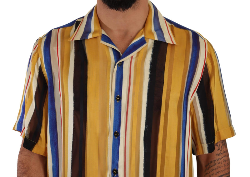 Yellow Striped Short Sleeve Silk Shirt