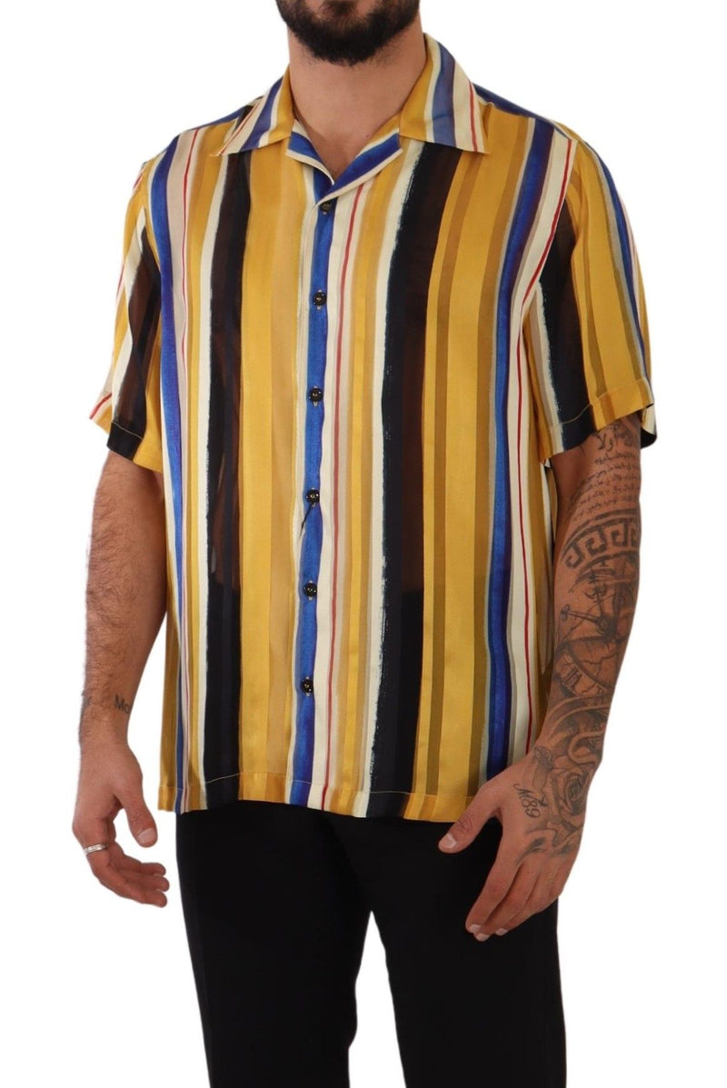 Yellow Striped Short Sleeve Silk Shirt