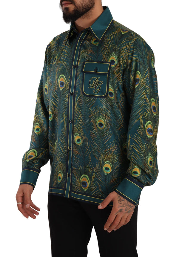 Peacock Feather Print Silk Pajama Mens Shirt