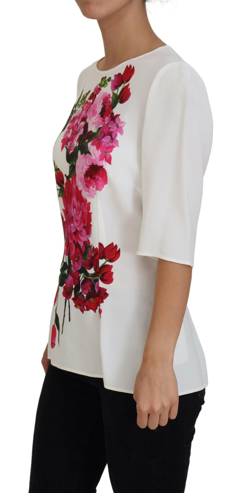 White Floral Print Round Neck Blouse Top