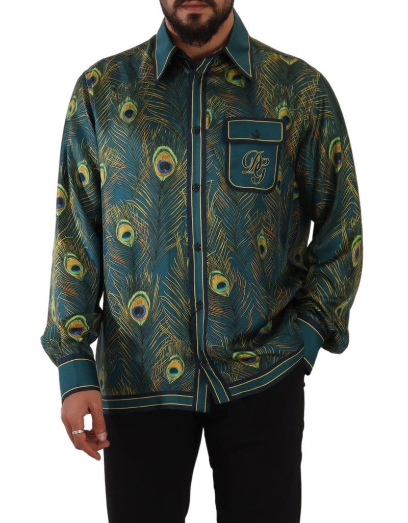 Peacock Feather Print Silk Pajama Mens Shirt