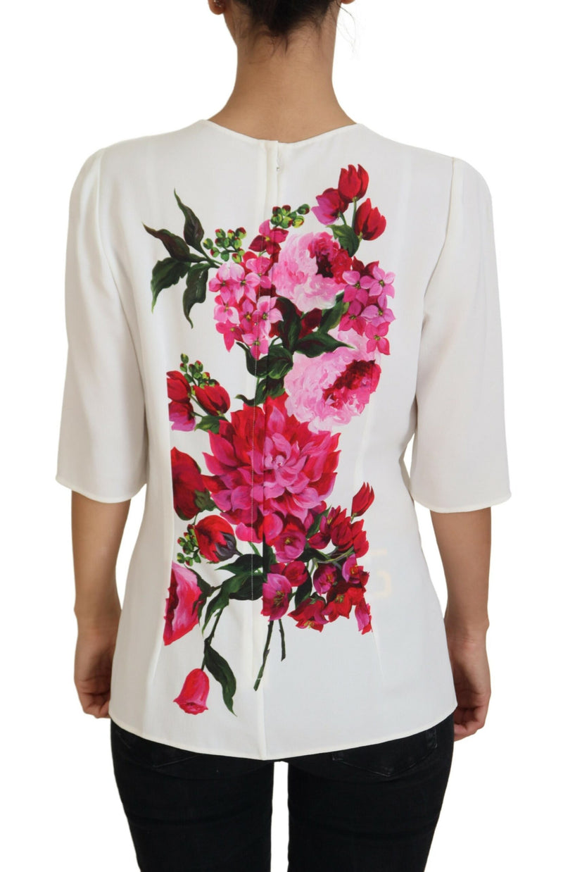 White Floral Print Round Neck Blouse Top