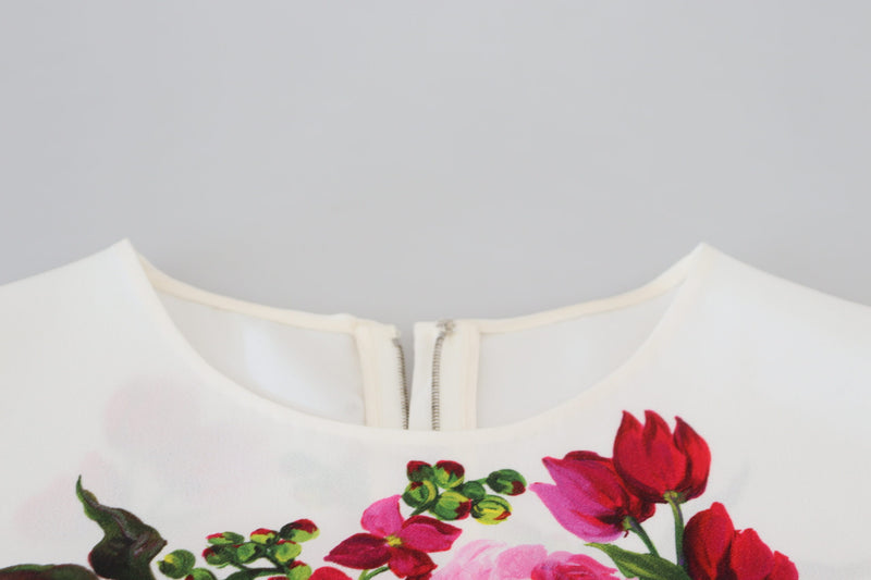 White Floral Print Round Neck Blouse Top