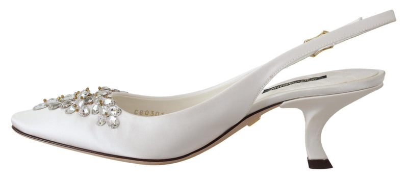 White Viscose Crystals Heels Slingback Shoes