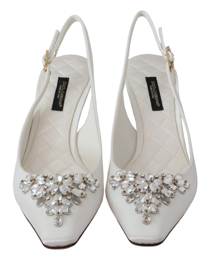 White Viscose Crystals Heels Slingback Shoes