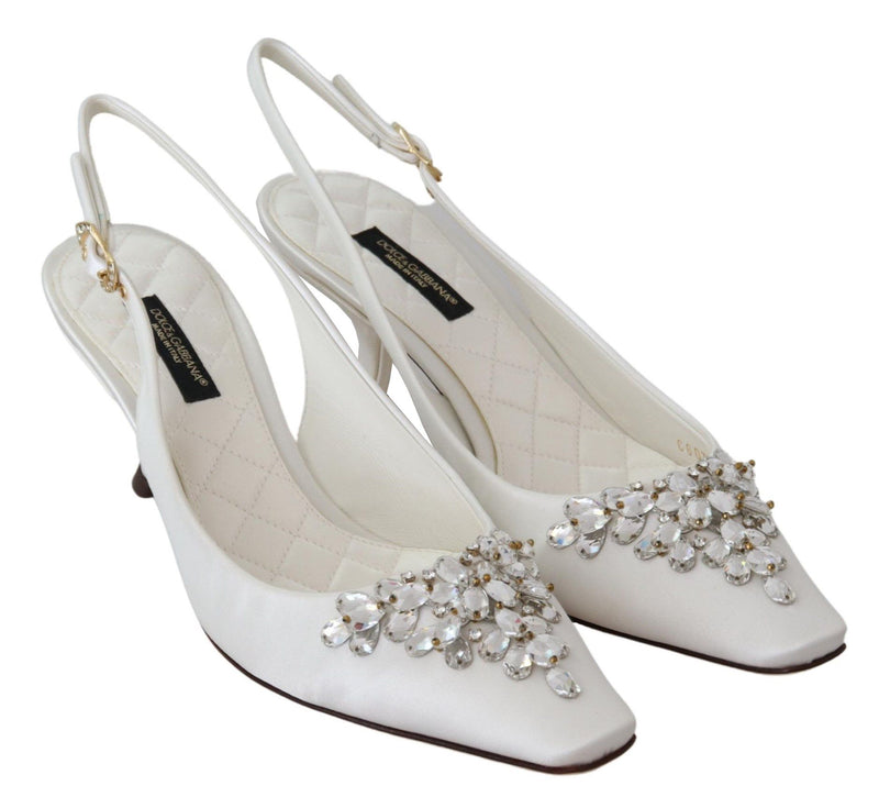 White Viscose Crystals Heels Slingback Shoes