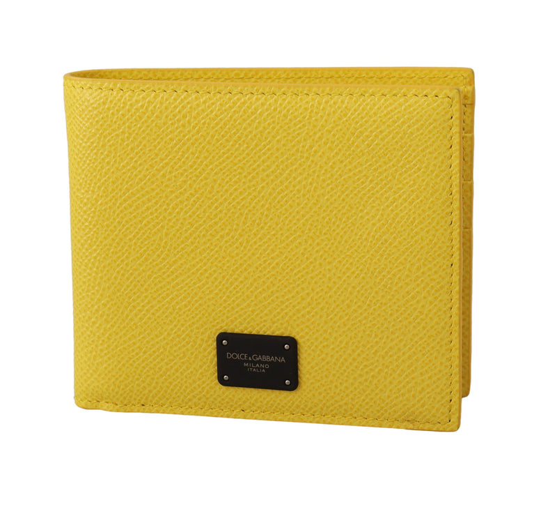 Yellow Dauphine Leather Mens Bifold Logo Plaque Wallet