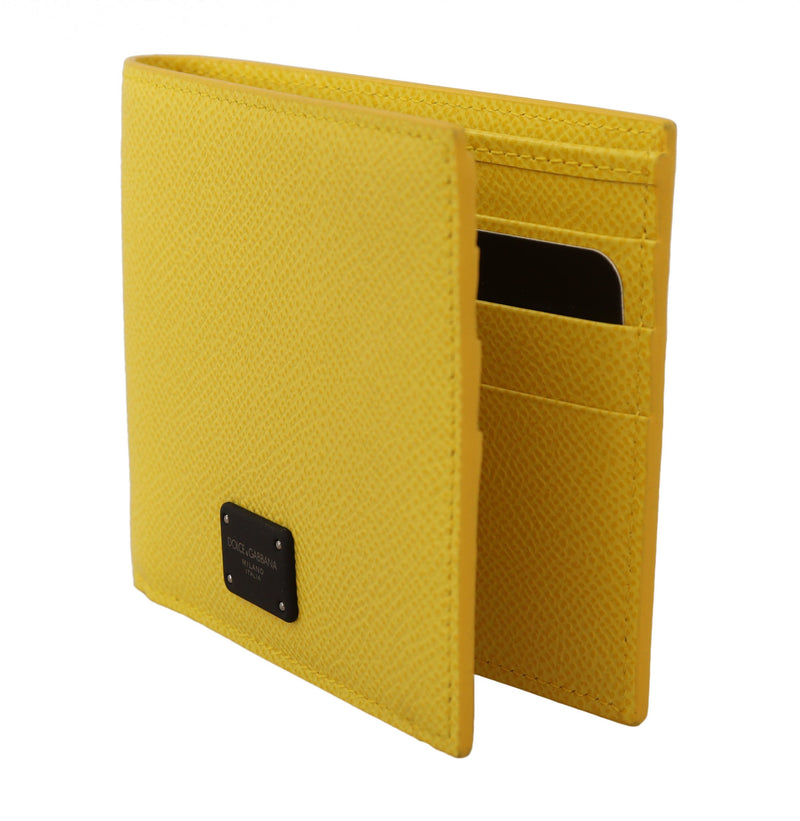 Yellow Dauphine Leather Mens Bifold Logo Plaque Wallet