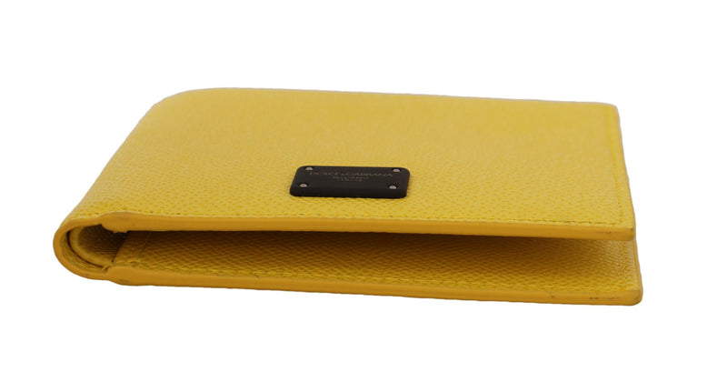 Yellow Dauphine Leather Mens Bifold Logo Plaque Wallet