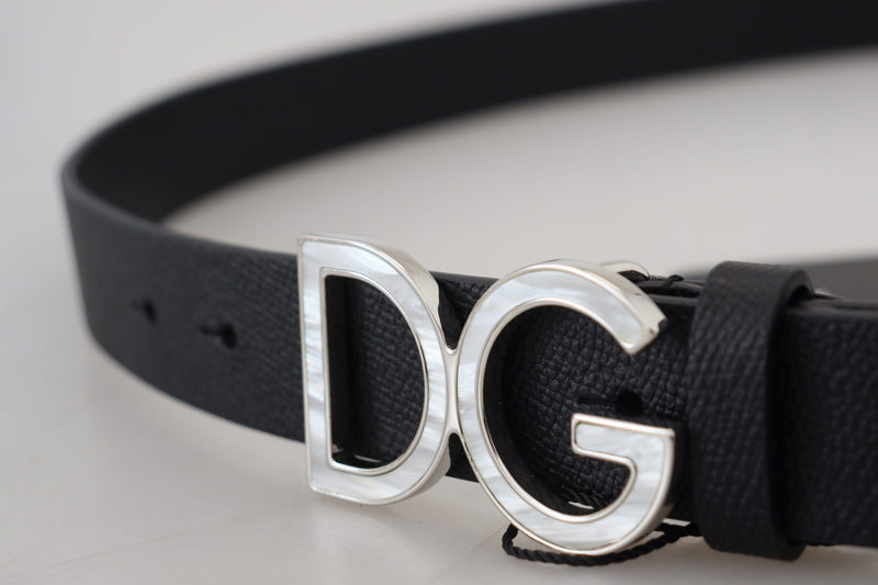 Black Leather Silver Tone DG Metal Buckle Belt