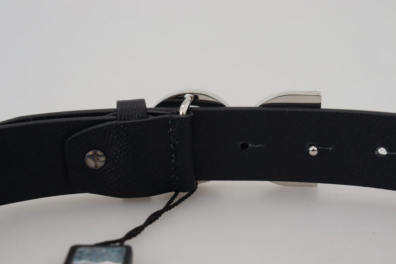 Black Leather Silver Tone DG Metal Buckle Belt