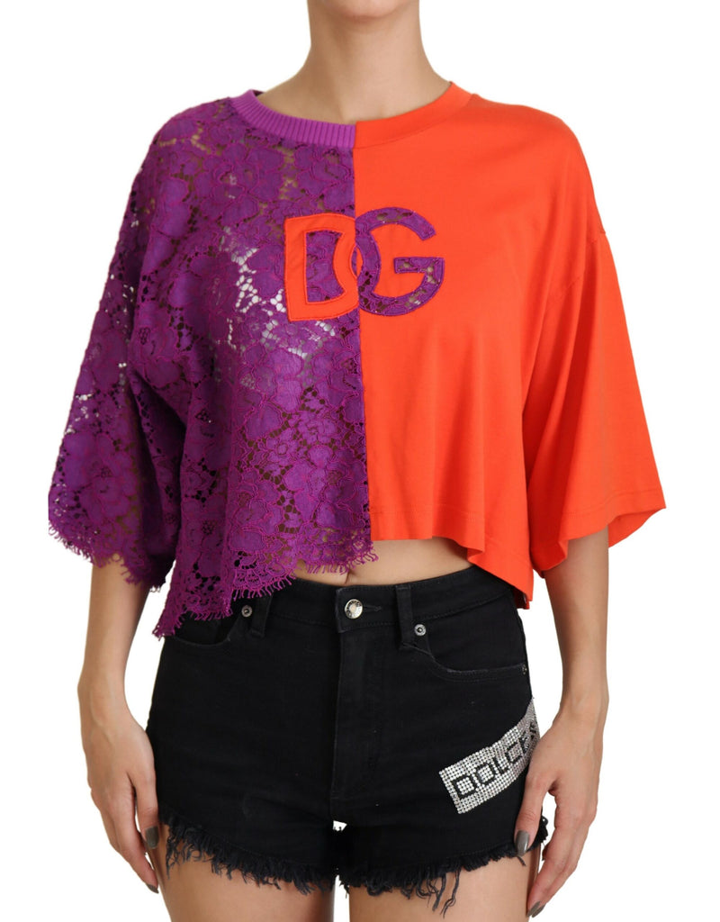 Purple Floral Lace Orange Cotton Cropped Top