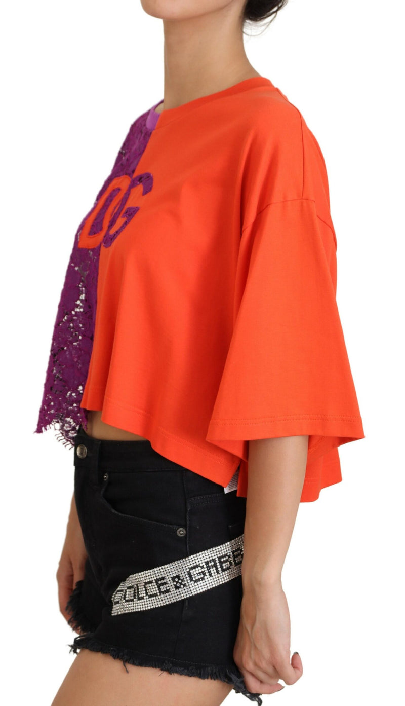 Purple Floral Lace Orange Cotton Cropped Top