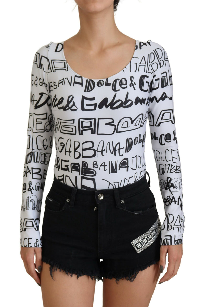 White Logo Print Nylon Scoop Neck Long Sleeves Top