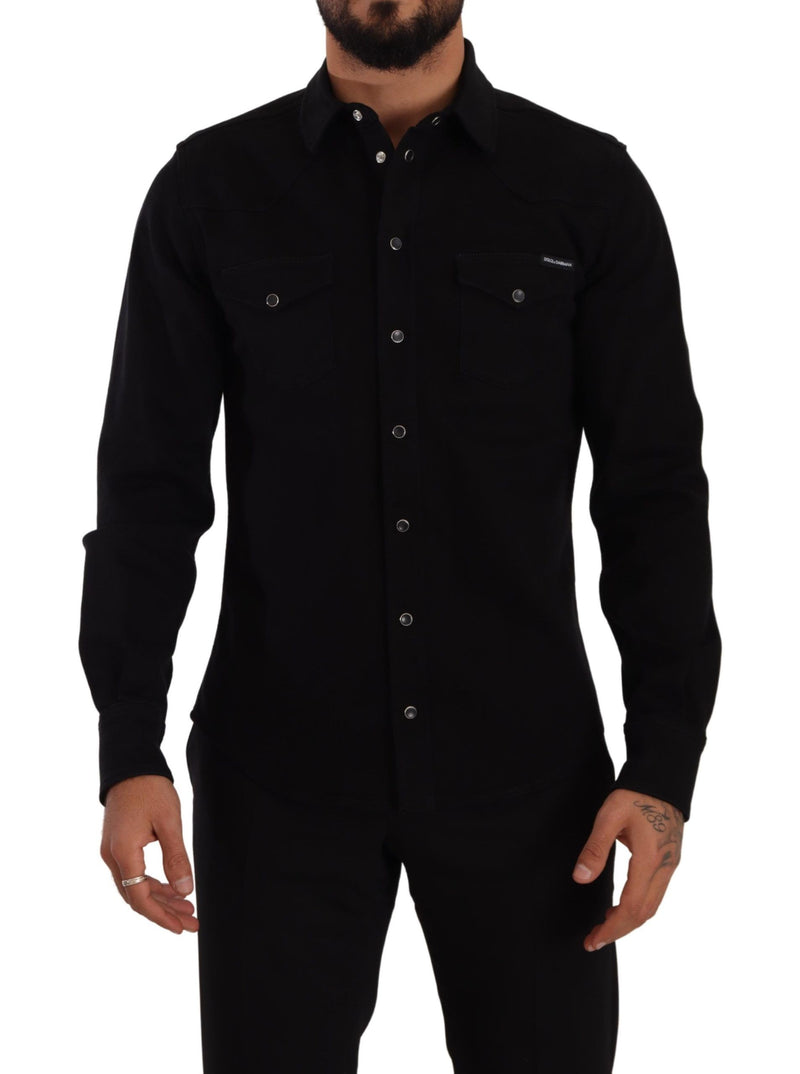 Black Slim Cotton Denim Stretch Shirt