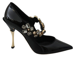 Black Leather Crystal Mary Jane Pumps Shoes