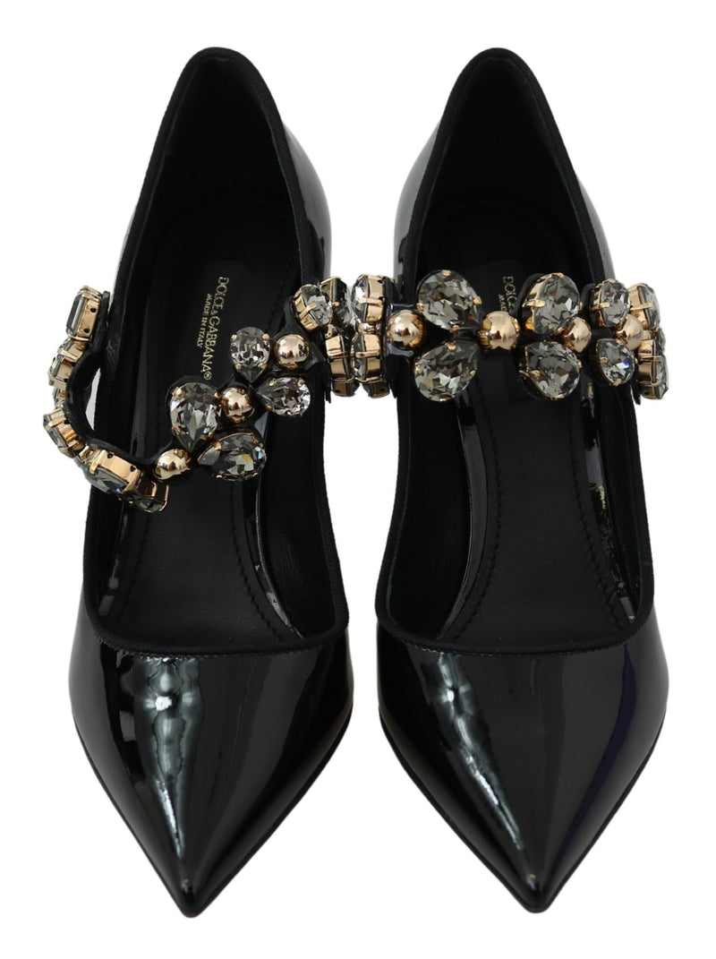 Black Leather Crystal Mary Jane Pumps Shoes