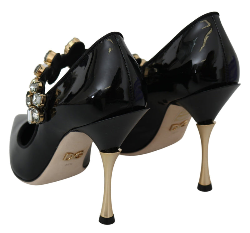 Black Leather Crystal Mary Jane Pumps Shoes