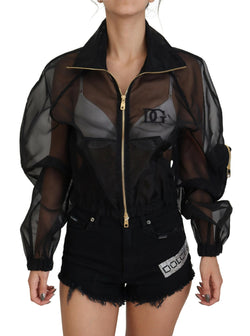 Black Nylon See Through Full Zip Bomber Jacket