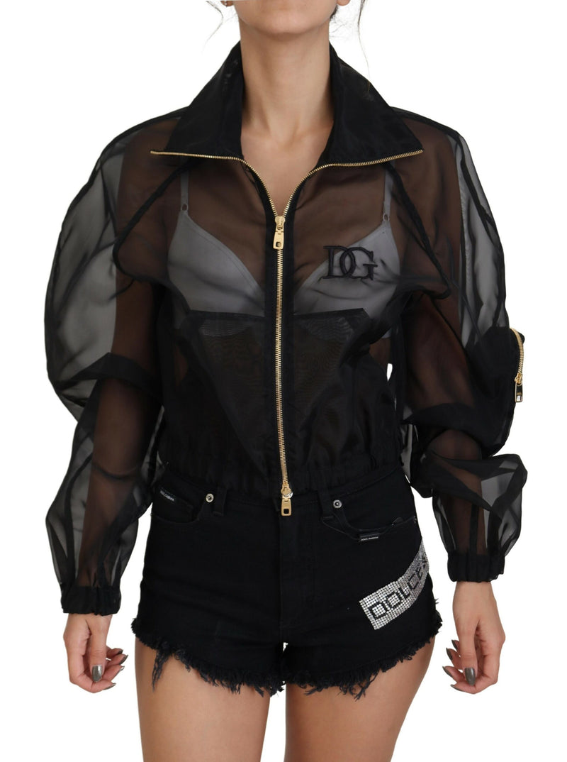 Black Nylon See Through Full Zip Bomber Jacket