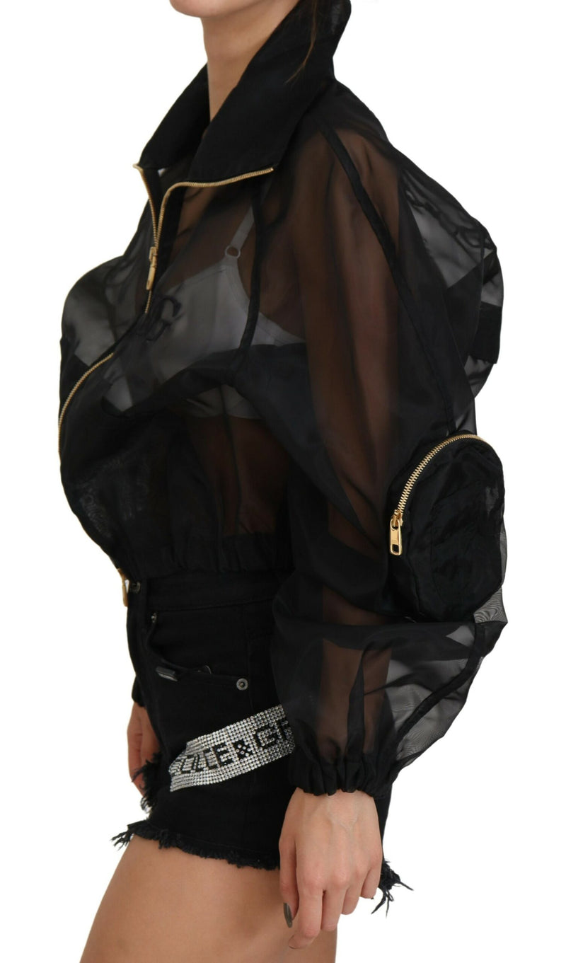 Black Nylon See Through Full Zip Bomber Jacket