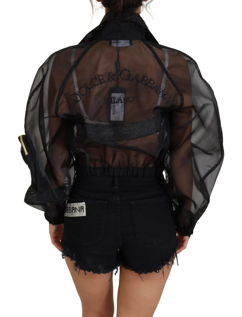 Black Nylon See Through Full Zip Bomber Jacket