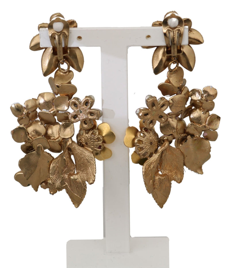 Gold Crystal Floral Filigree Bouquet Dangling Clip-on Earrings