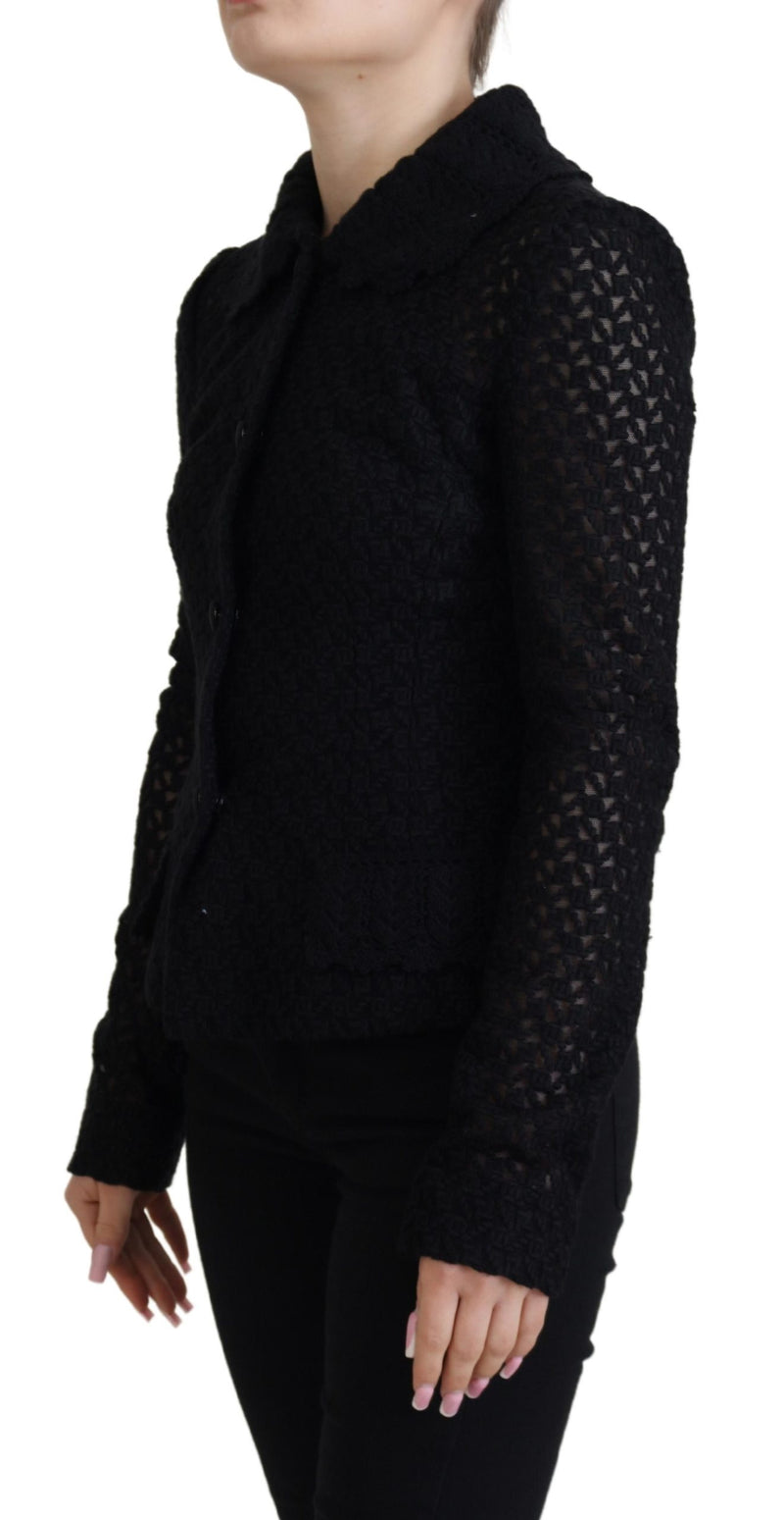 Black Wool Knitted Button Down Collar Jacket