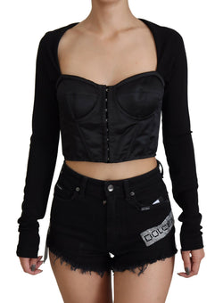 Black Bustier Crop Long Sleeve Bodice Effect Top