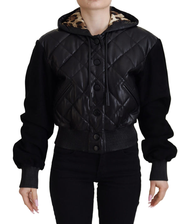 Black Quilted Hooded Button Leather Jacket