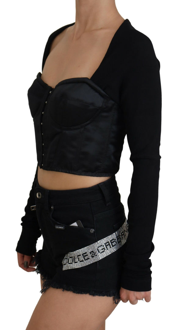 Black Bustier Crop Long Sleeve Bodice Effect Top