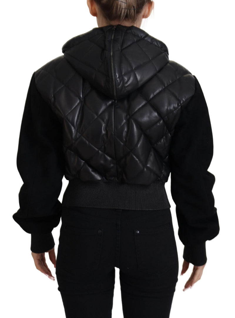 Black Quilted Hooded Button Leather Jacket