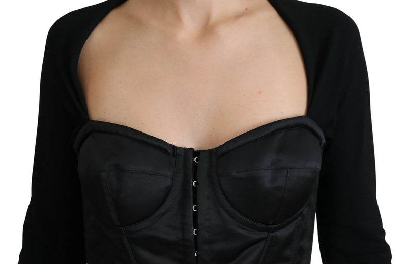 Black Bustier Crop Long Sleeve Bodice Effect Top