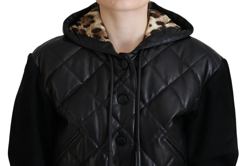 Black Quilted Hooded Button Leather Jacket