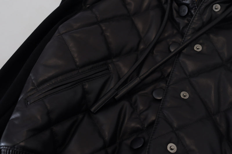 Black Quilted Hooded Button Leather Jacket